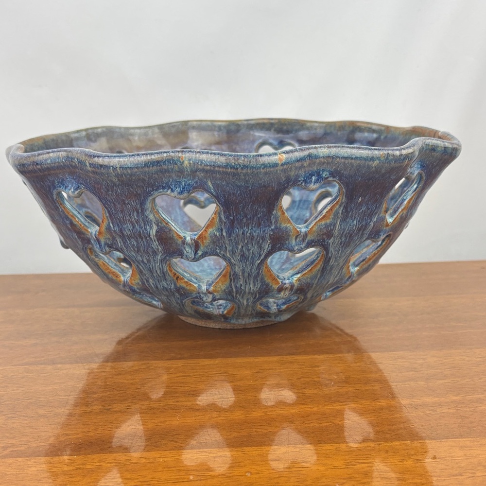 Betty Johnson hand made artist signed heart lattice studio pottery bowl